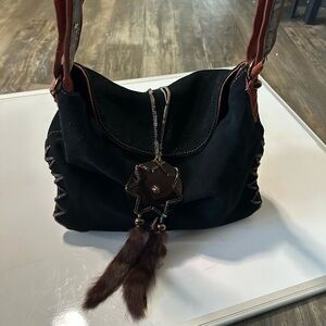 Elegant Black Suede Handbag with Fur Accent